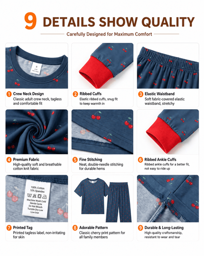 Detail views of navy printed matching family pajama styles