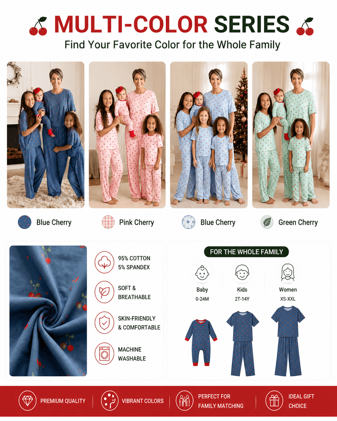Matching family pajama collection shown in multiple coordinated colorways