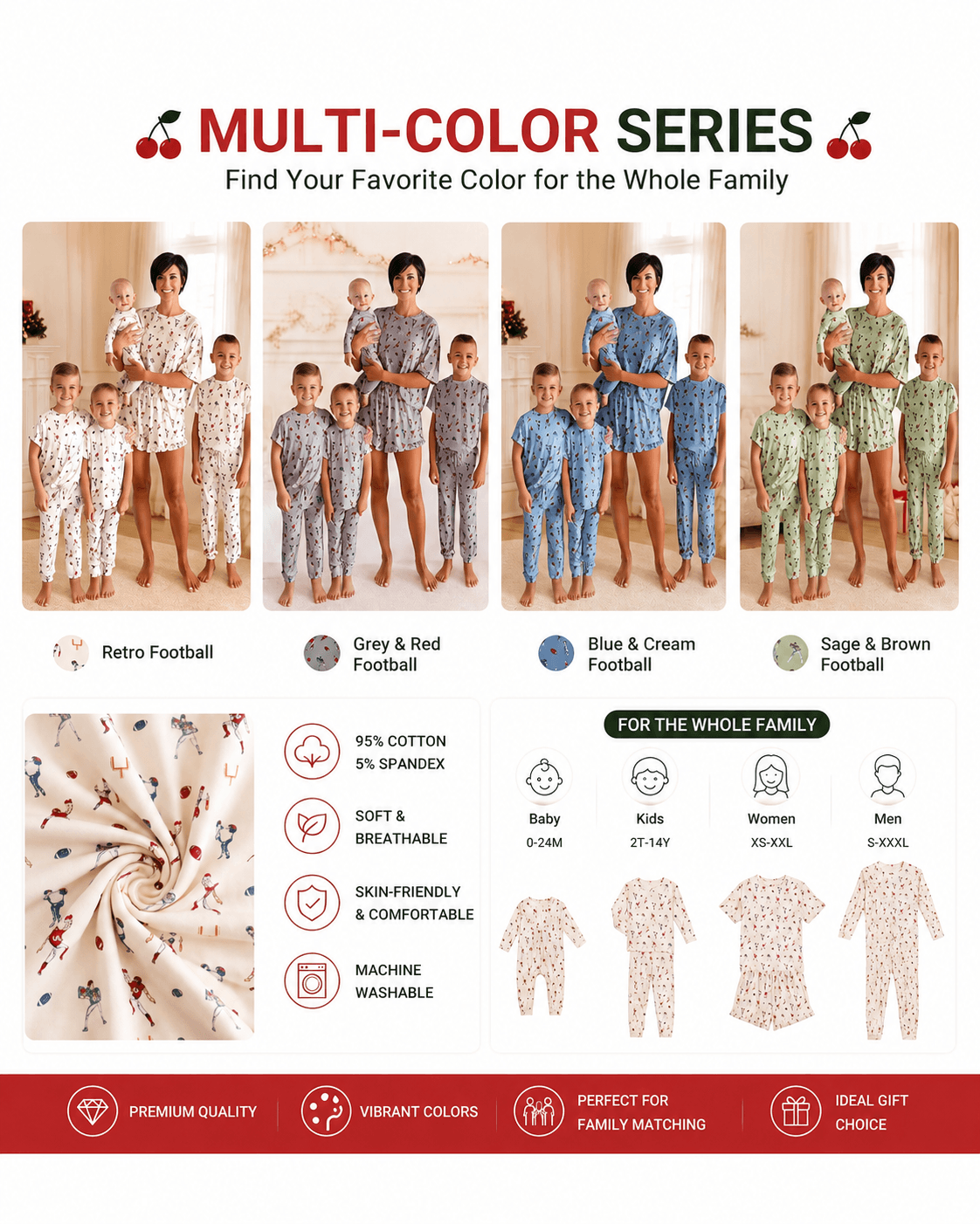 Matching family pajama collection shown in multiple coordinated colorways