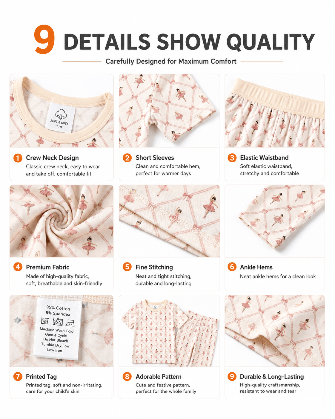 Detail views of ivory printed matching family pajama styles