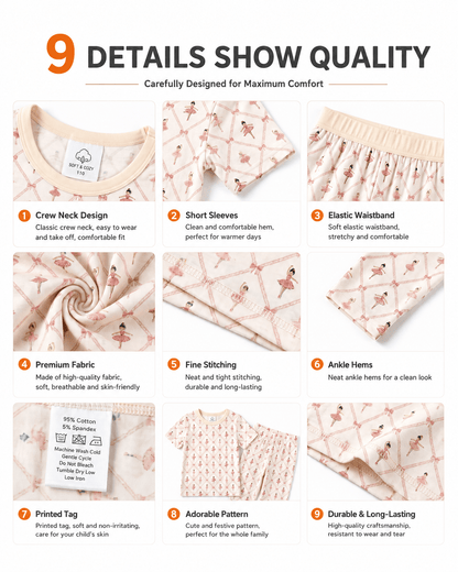 Detail views of ivory printed matching family pajama styles