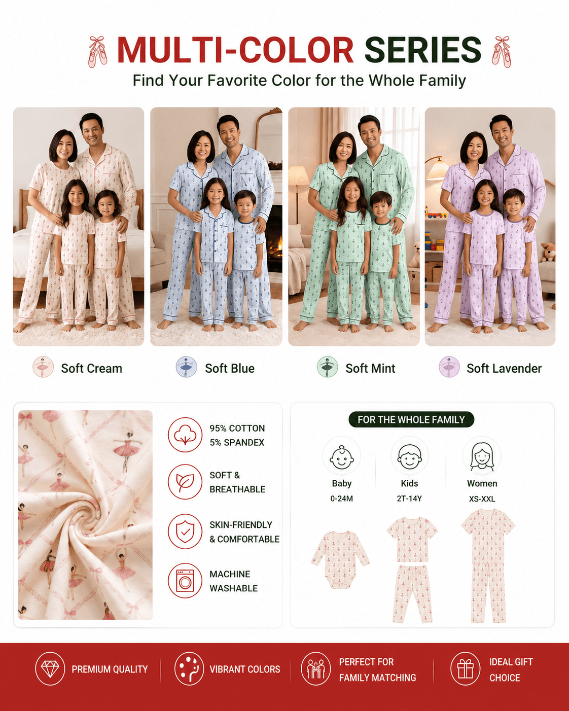 Matching family pajama collection shown in multiple coordinated colorways