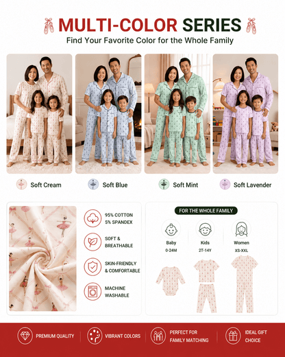 Matching family pajama collection shown in multiple coordinated colorways