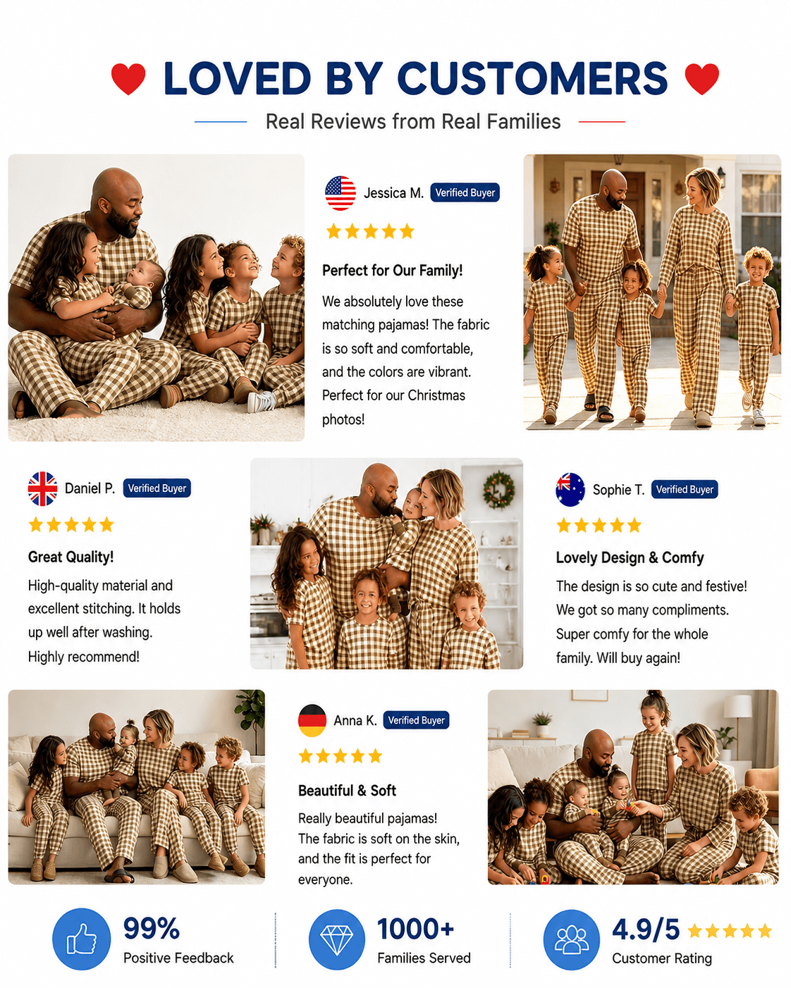 Customer presentation of brown gingham matching family sleepwear