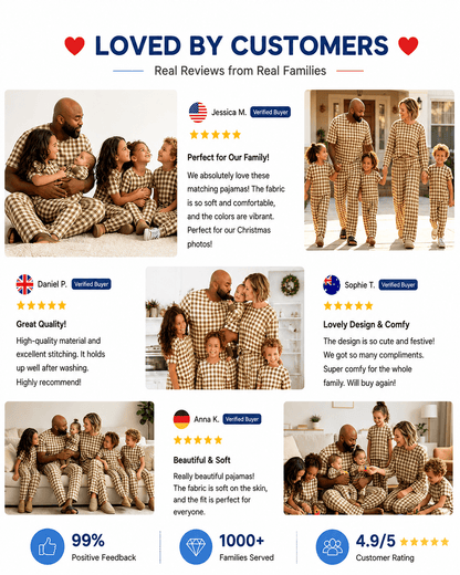 Customer presentation of brown gingham matching family sleepwear
