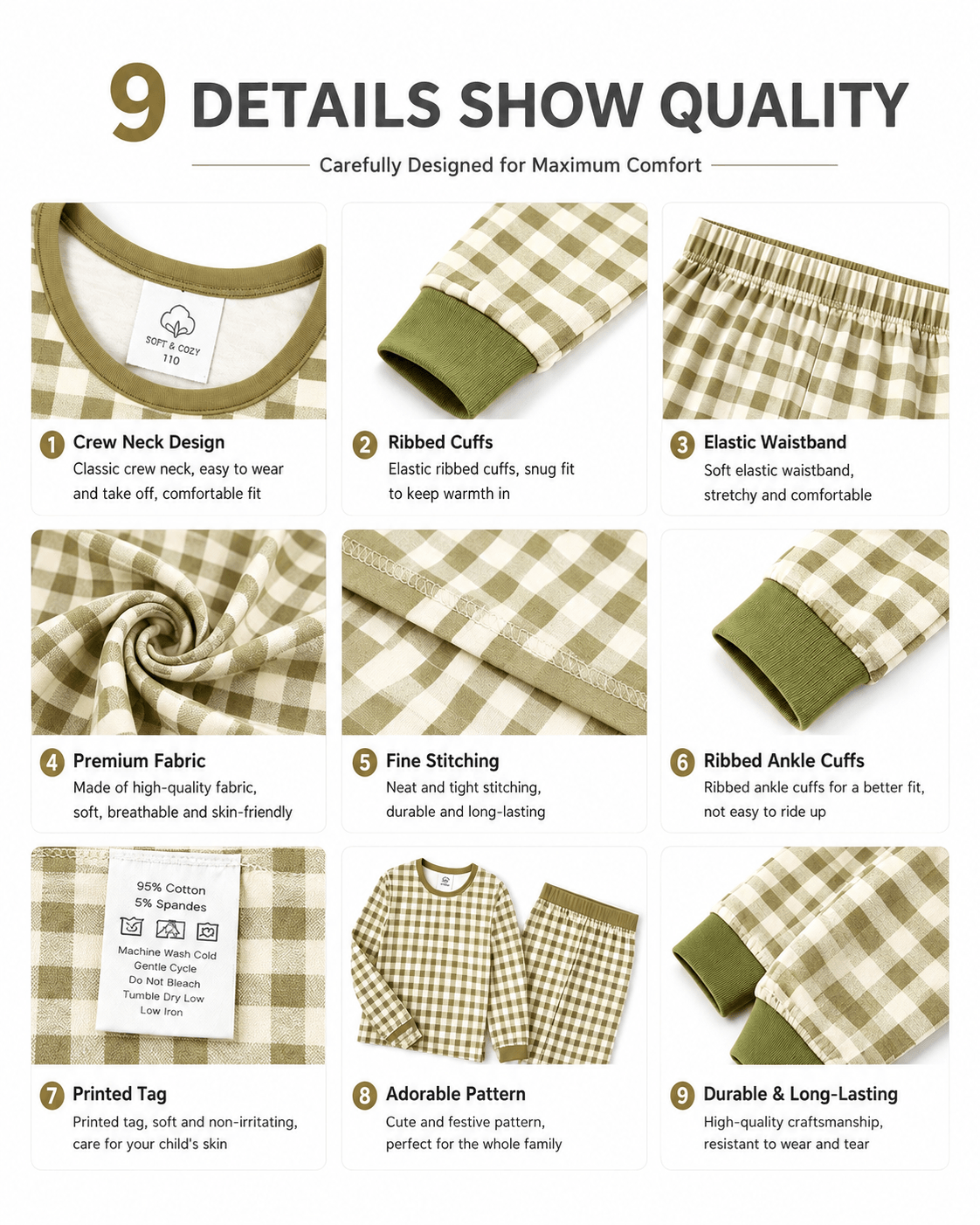 Detail views of brown gingham matching family pajama styles