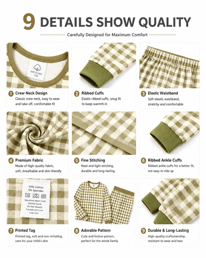 Detail views of brown gingham matching family pajama styles
