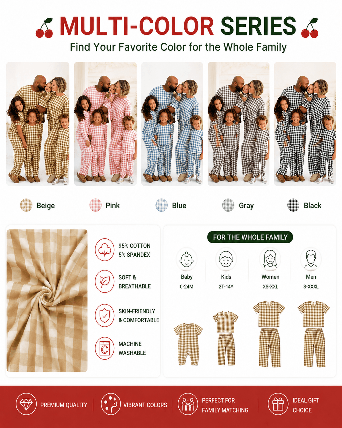 Gingham matching family pajama collection shown in multiple colorways
