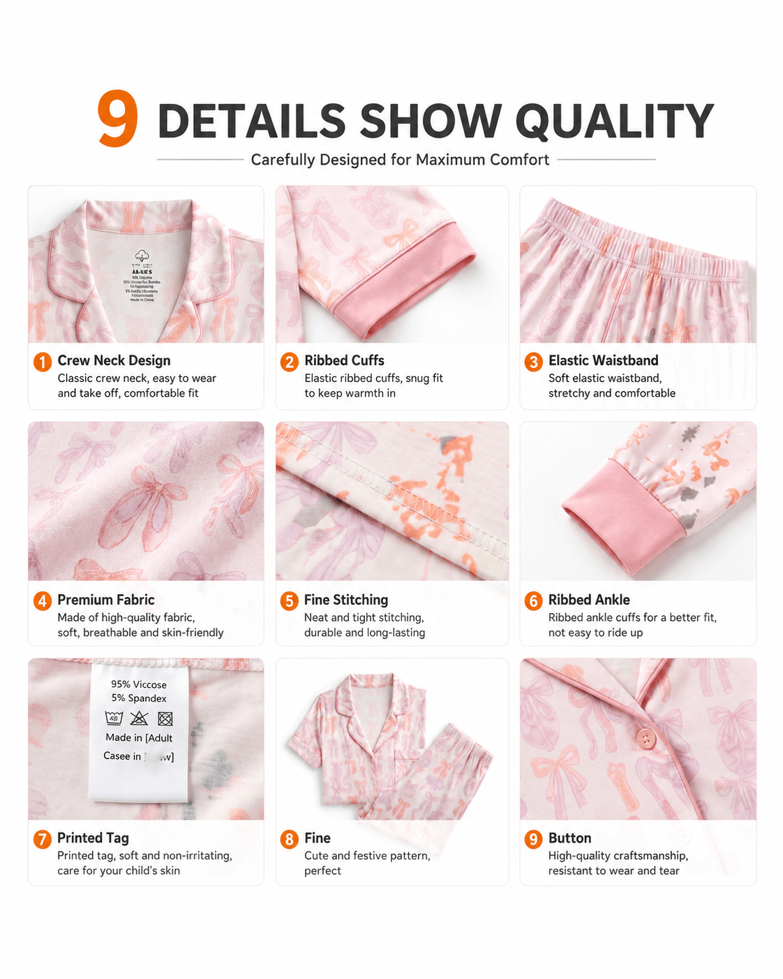 Detail views of pink printed mommy and baby pajama styles