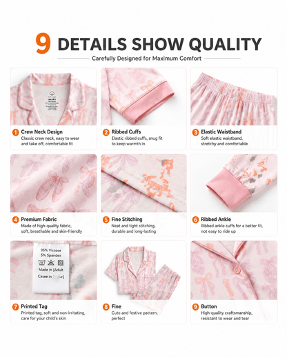 Detail views of pink printed mommy and baby pajama styles