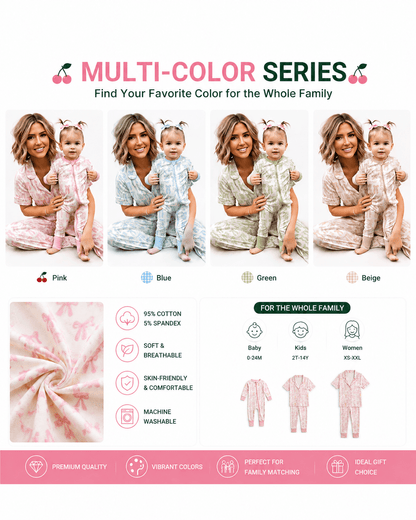 Mommy and baby matching pajama collection shown in multiple colorways