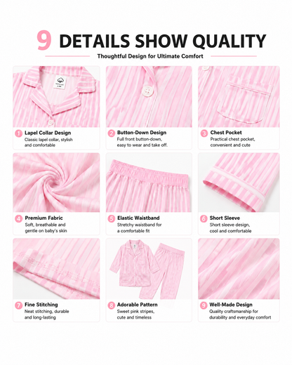 Detail views of pink striped mommy and baby pajama styles