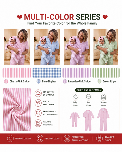 Mommy and baby matching pajama collection shown in multiple stripe colors