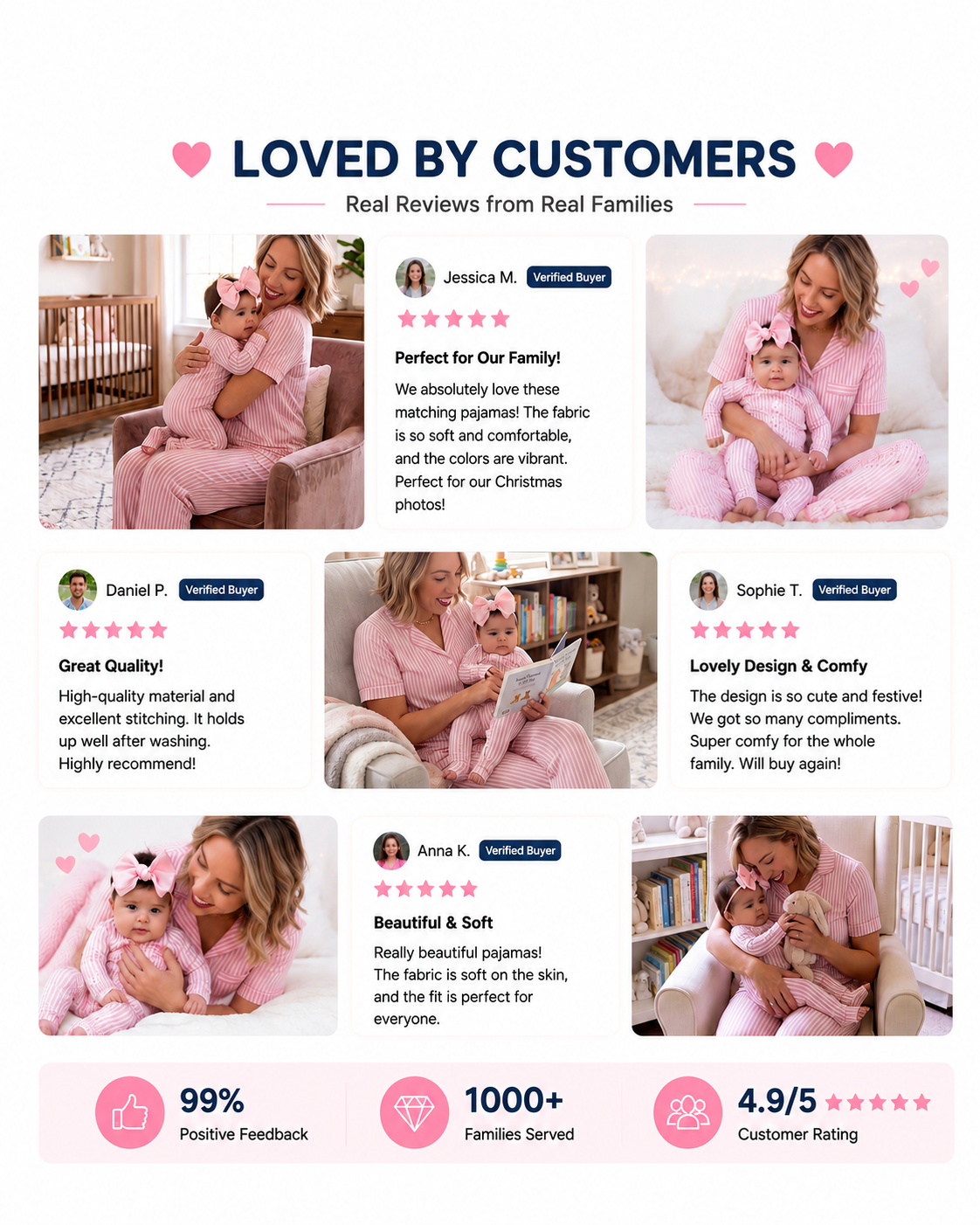 Customer presentation of pink striped mommy and baby sleepwear