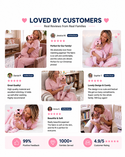 Customer presentation of pink striped mommy and baby sleepwear