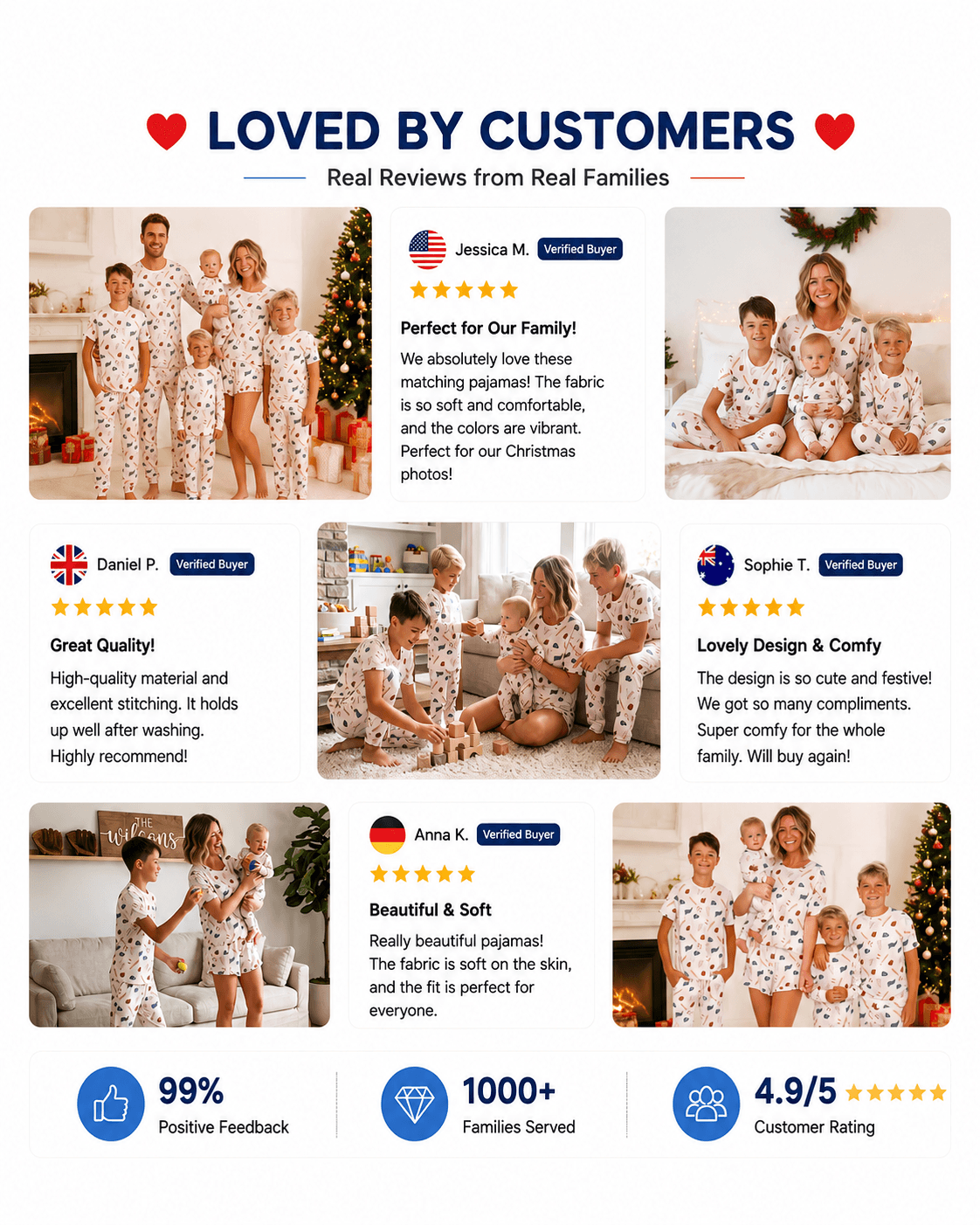 Customer presentation of white printed matching family sleepwear