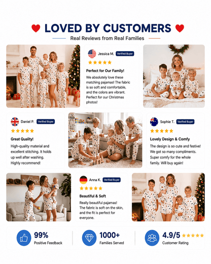 Customer presentation of white printed matching family sleepwear