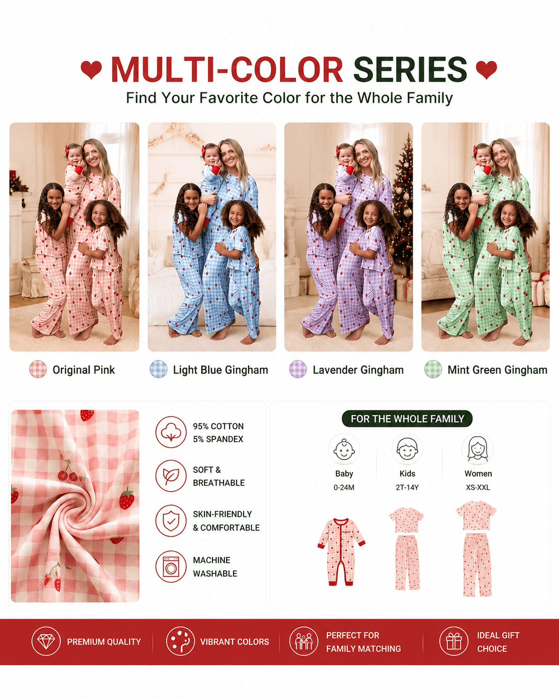 Mom and kids matching pajama collection shown in multiple colorways