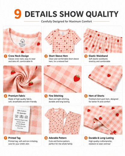 Detail views of pink gingham matching pajama styles