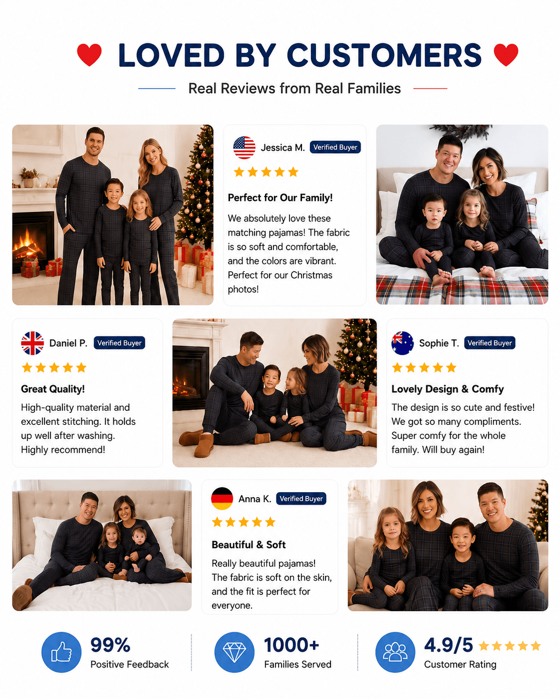 Customer presentation of navy plaid matching family sleepwear