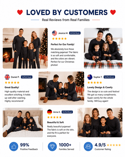 Customer presentation of navy plaid matching family sleepwear