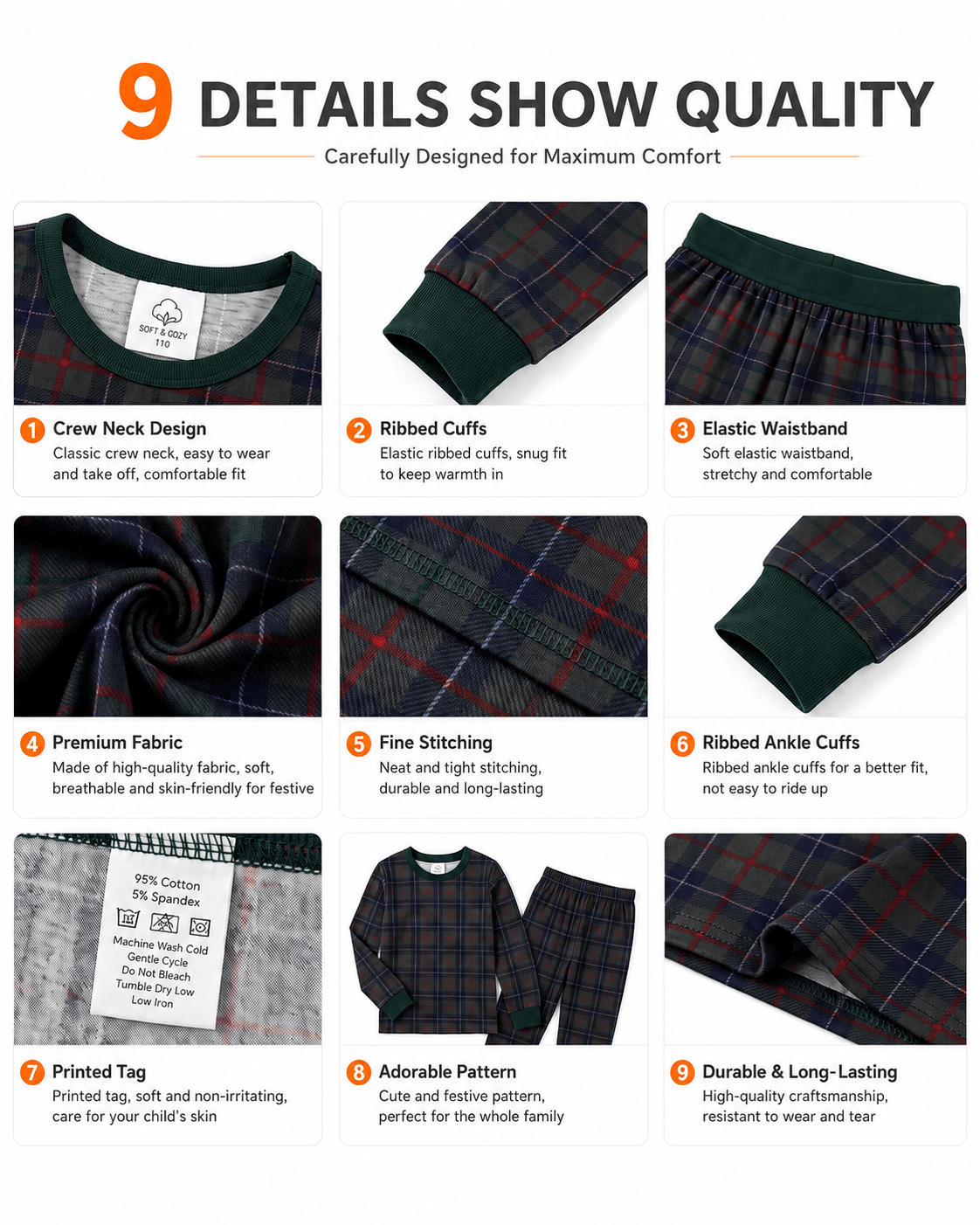 Detail views of navy plaid matching family pajama set