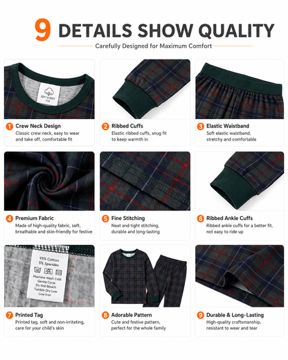 Detail views of navy plaid matching family pajama set