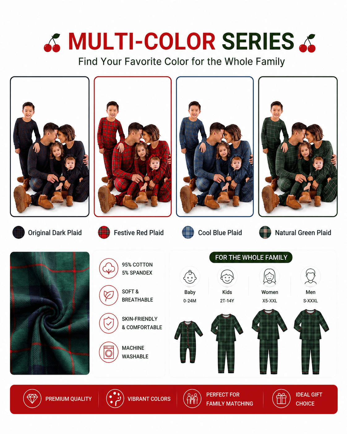 Plaid matching family pajama collection shown in multiple colorways