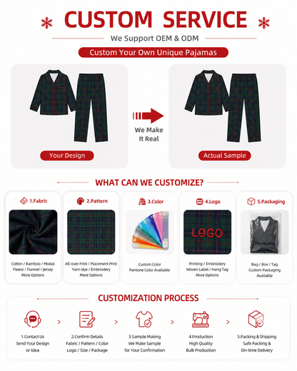 Customization options for navy plaid matching family pajamas