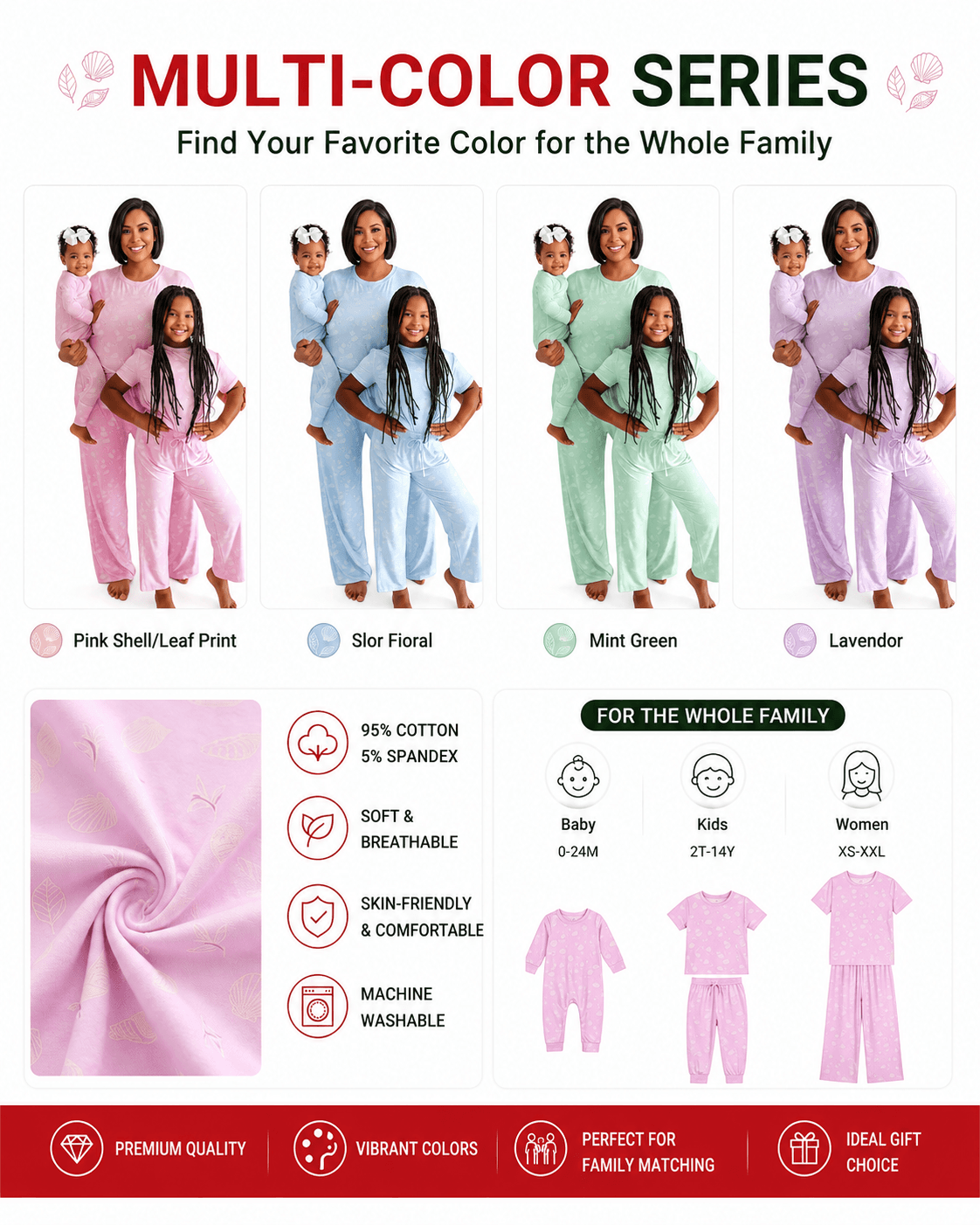 Matching family pajamas in pink, blue, green and purple color options