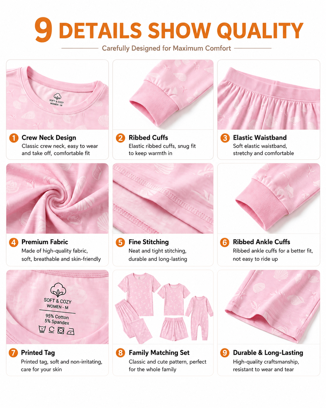 Fabric and construction details of blush pink matching family pajamas
