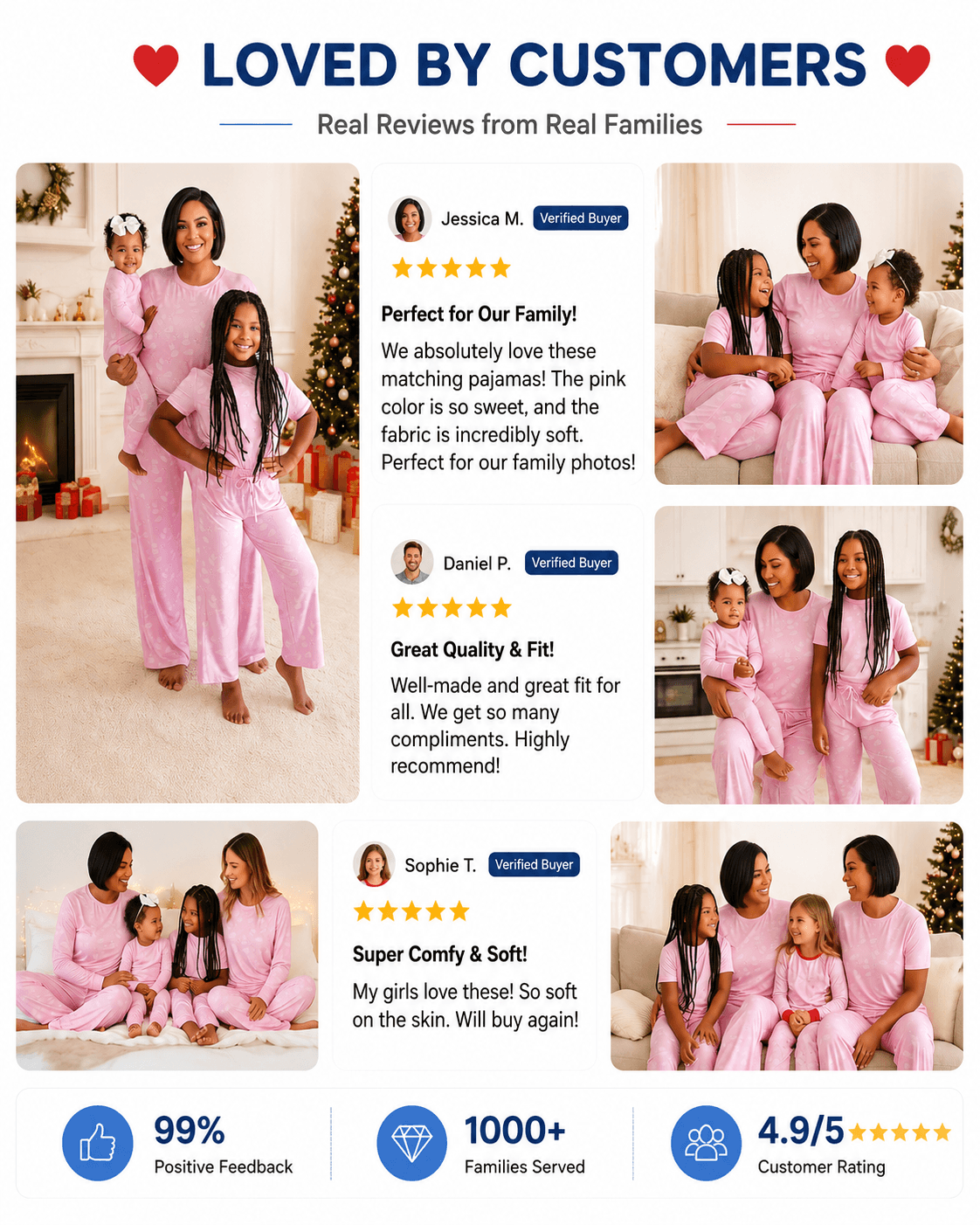 Customers wearing blush pink matching family pajama sets