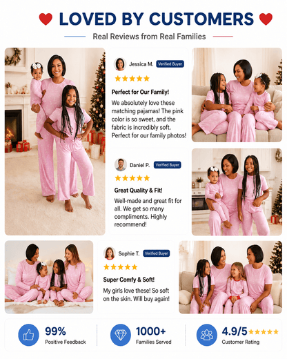 Customers wearing blush pink matching family pajama sets