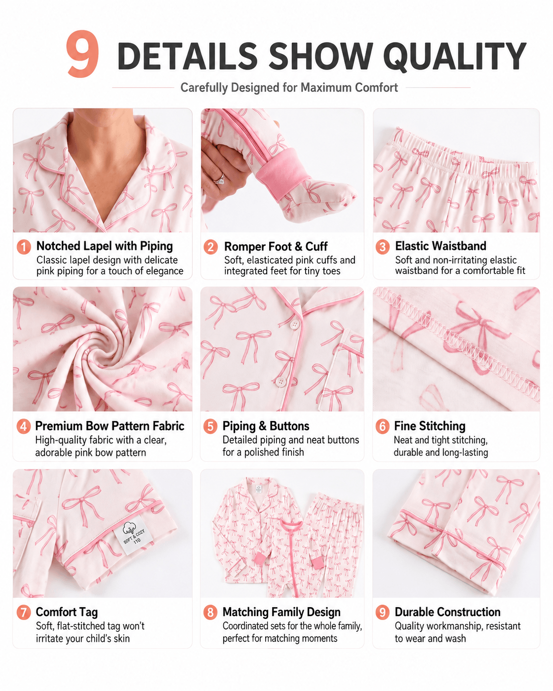 Construction details of blush pink bow print matching family pajamas
