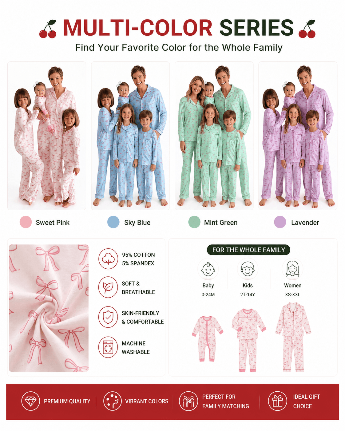 Matching family pajamas in sweet pink, sky blue, mint green, and lavender