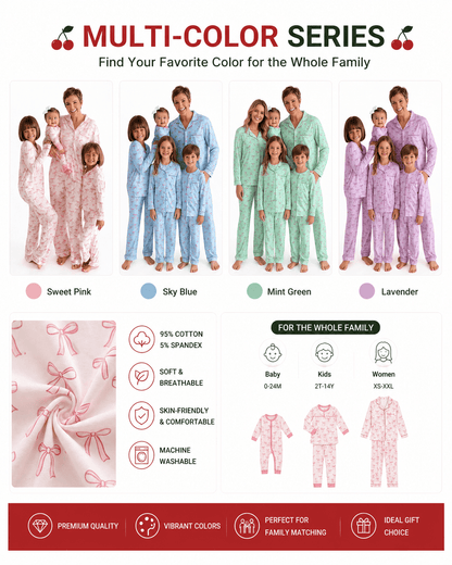 Matching family pajamas in sweet pink, sky blue, mint green, and lavender