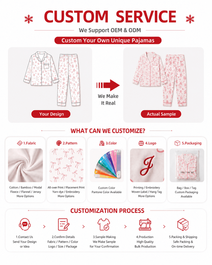 Customization options for matching family pajamas including fabric, pattern, color, logo, label, and packaging