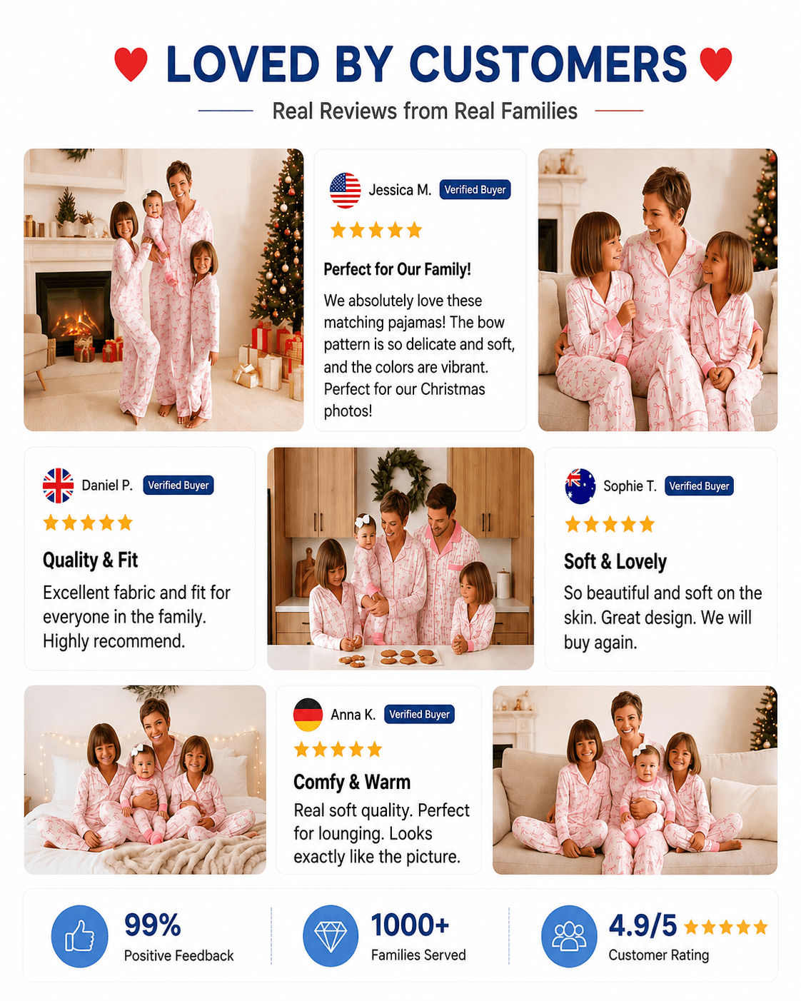 Customer photo and review collage for blush pink matching family pajamas