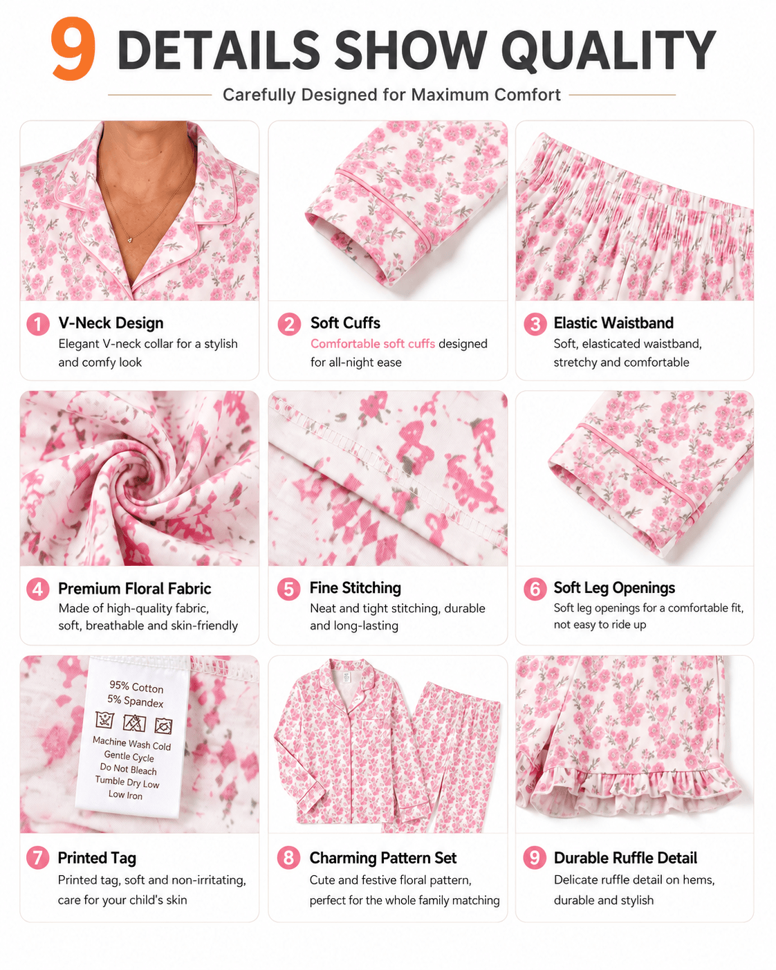 Design and construction details of blush pink bow print matching family pajamas