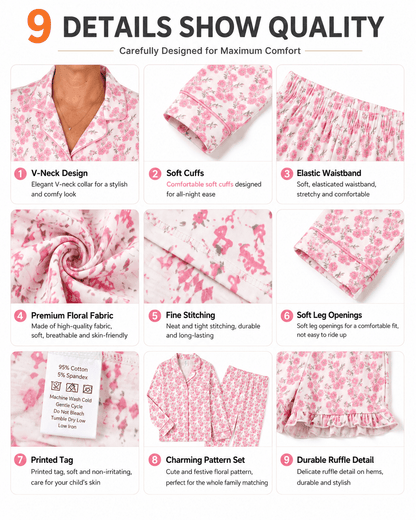 Design and construction details of blush pink bow print matching family pajamas