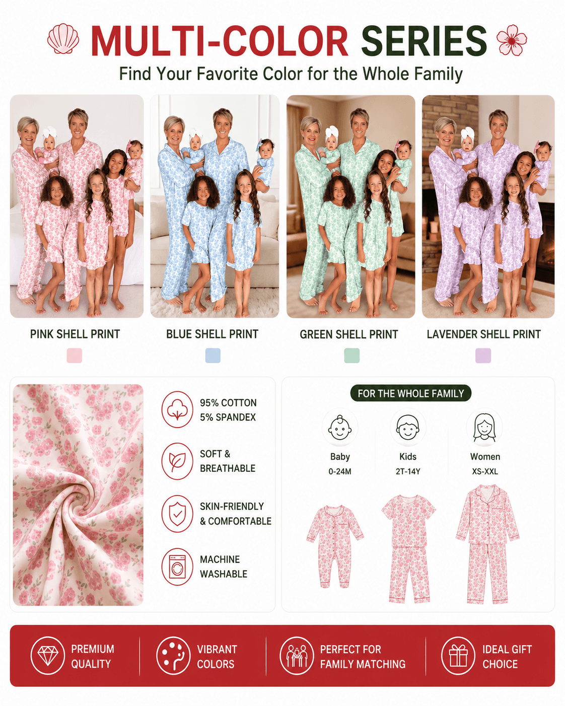 Matching family pajama sets shown in pink, blue, green, and purple color options