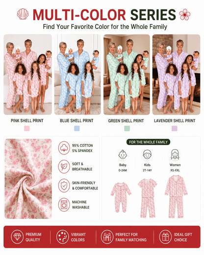 Matching family pajama sets shown in pink, blue, green, and purple color options
