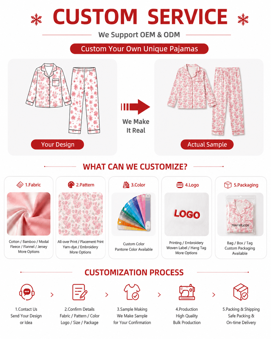 Custom matching family pajama options for fabric, pattern, color, logo, and packaging