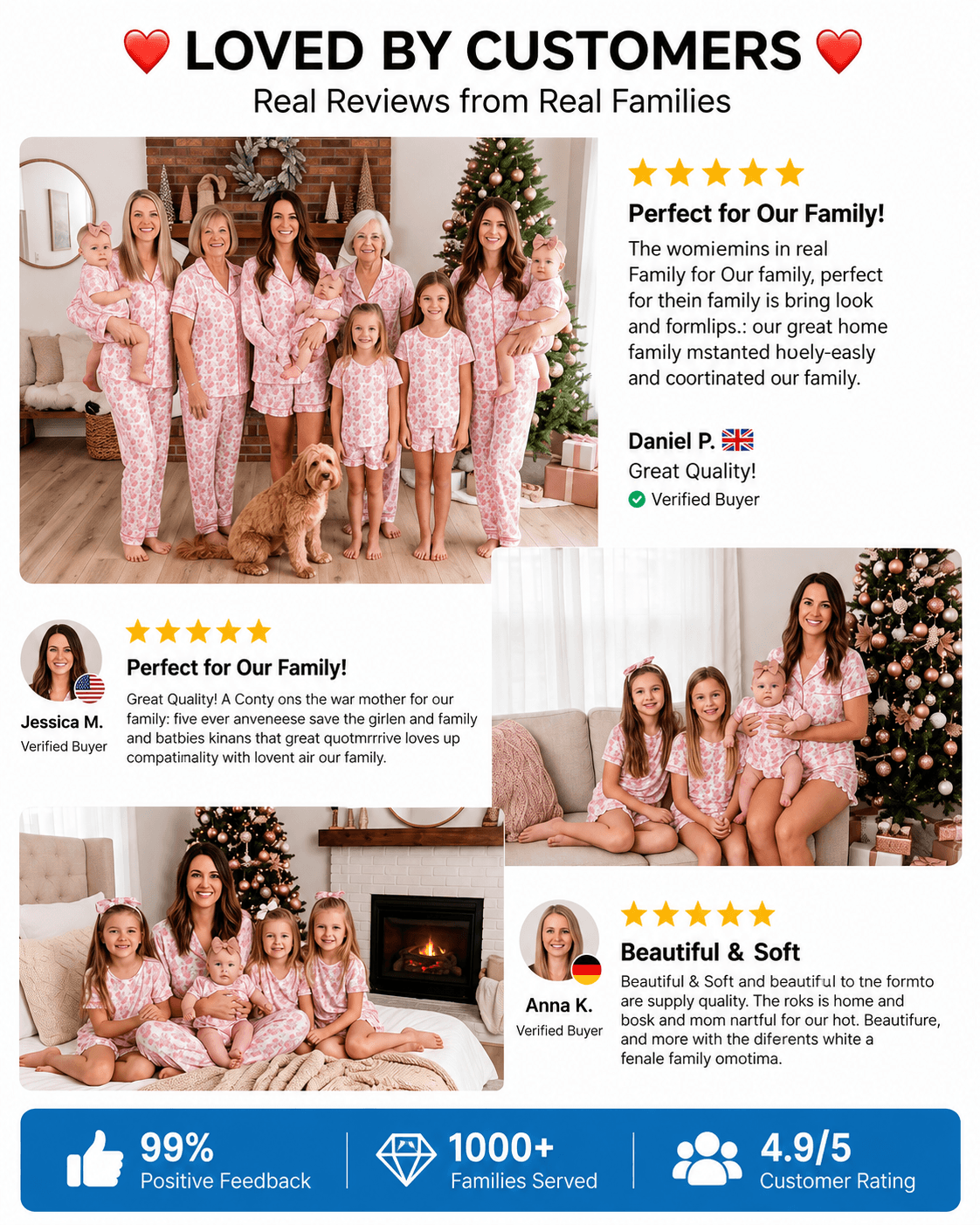 Customer reviews and family photos featuring blush pink matching family pajamas