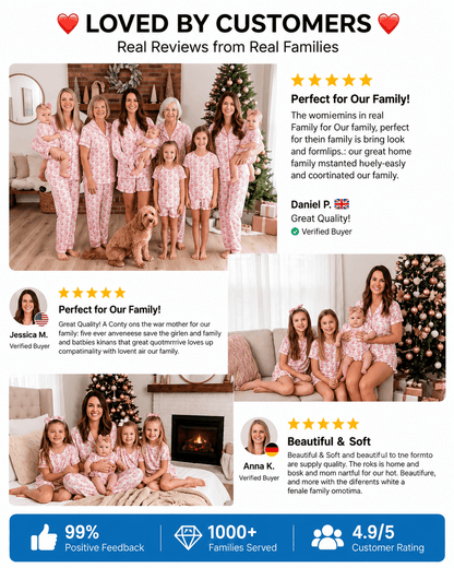 Customer reviews and family photos featuring blush pink matching family pajamas