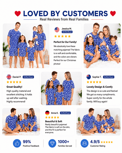 Customer reviews and family photos featuring blue star print matching family pajamas