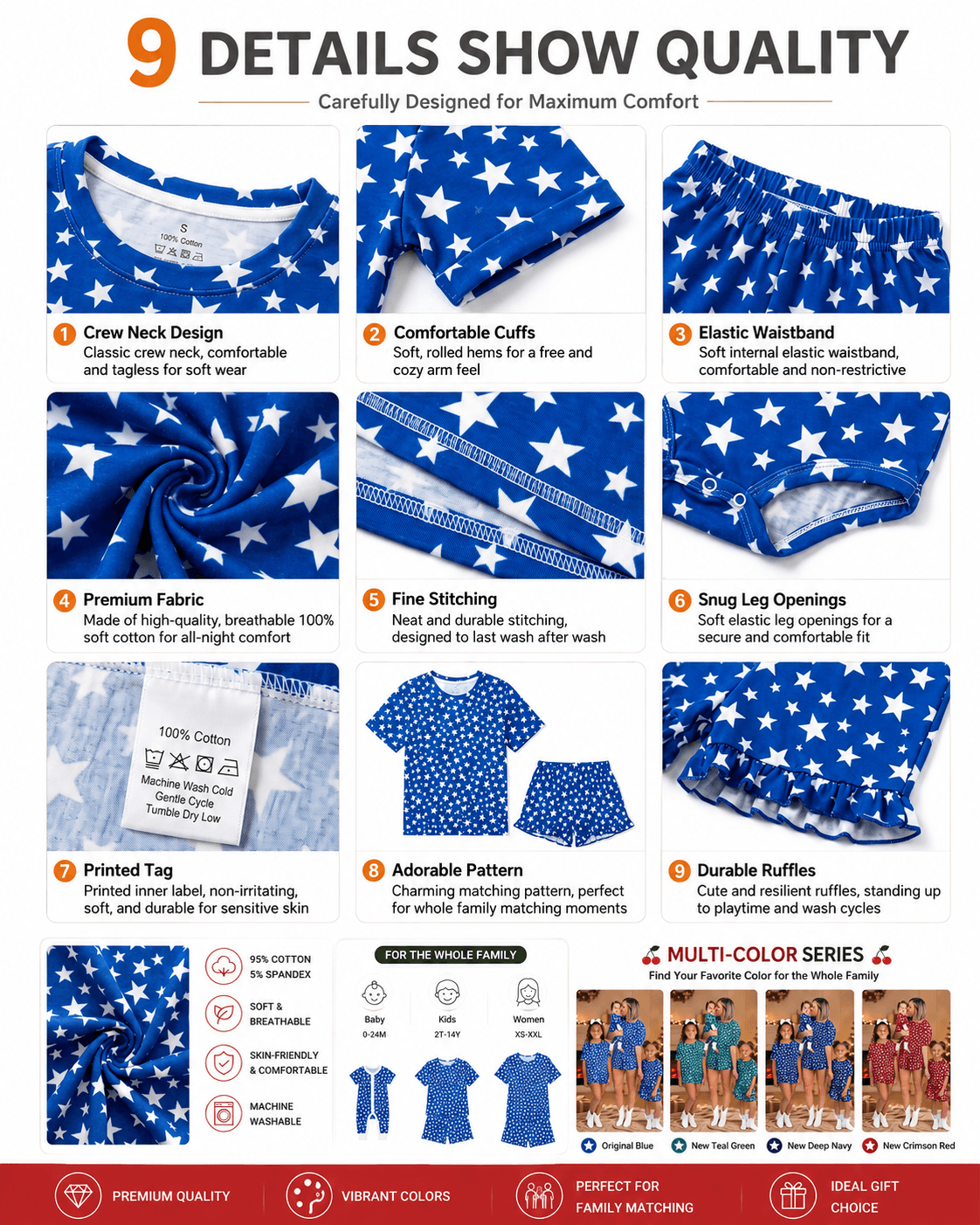 Construction details of royal blue star print matching family pajamas