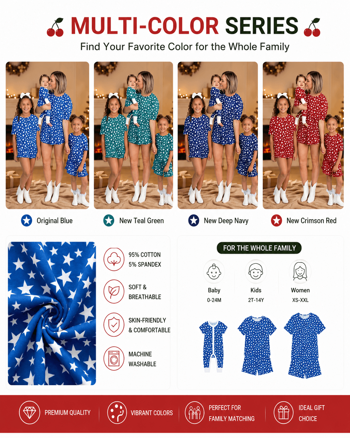 Star print matching family pajama sets shown in multiple color options