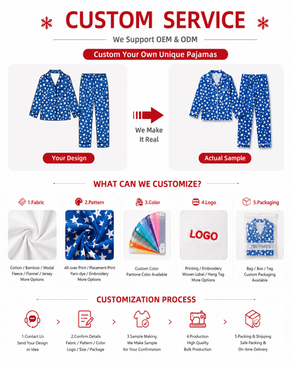 Custom matching family pajama options for fabric, pattern, color, logo, label, and packaging