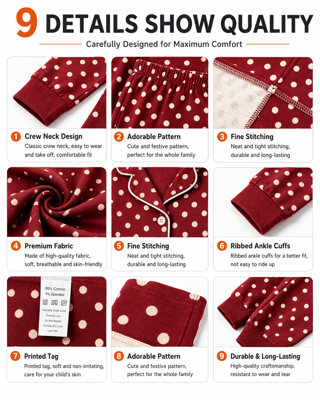 Construction details of burgundy polka dot matching family pajamas